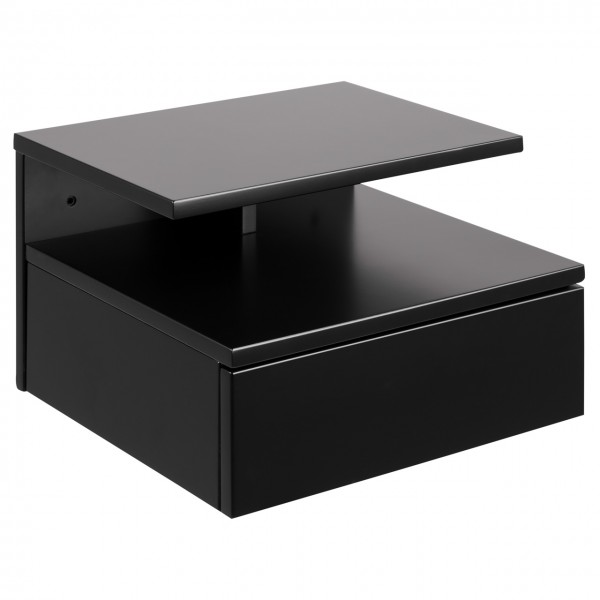 Black Ashlan bedside table featuring a sleek design with one drawer and an open shelf, made from smooth, durable material for modern indoor decor.