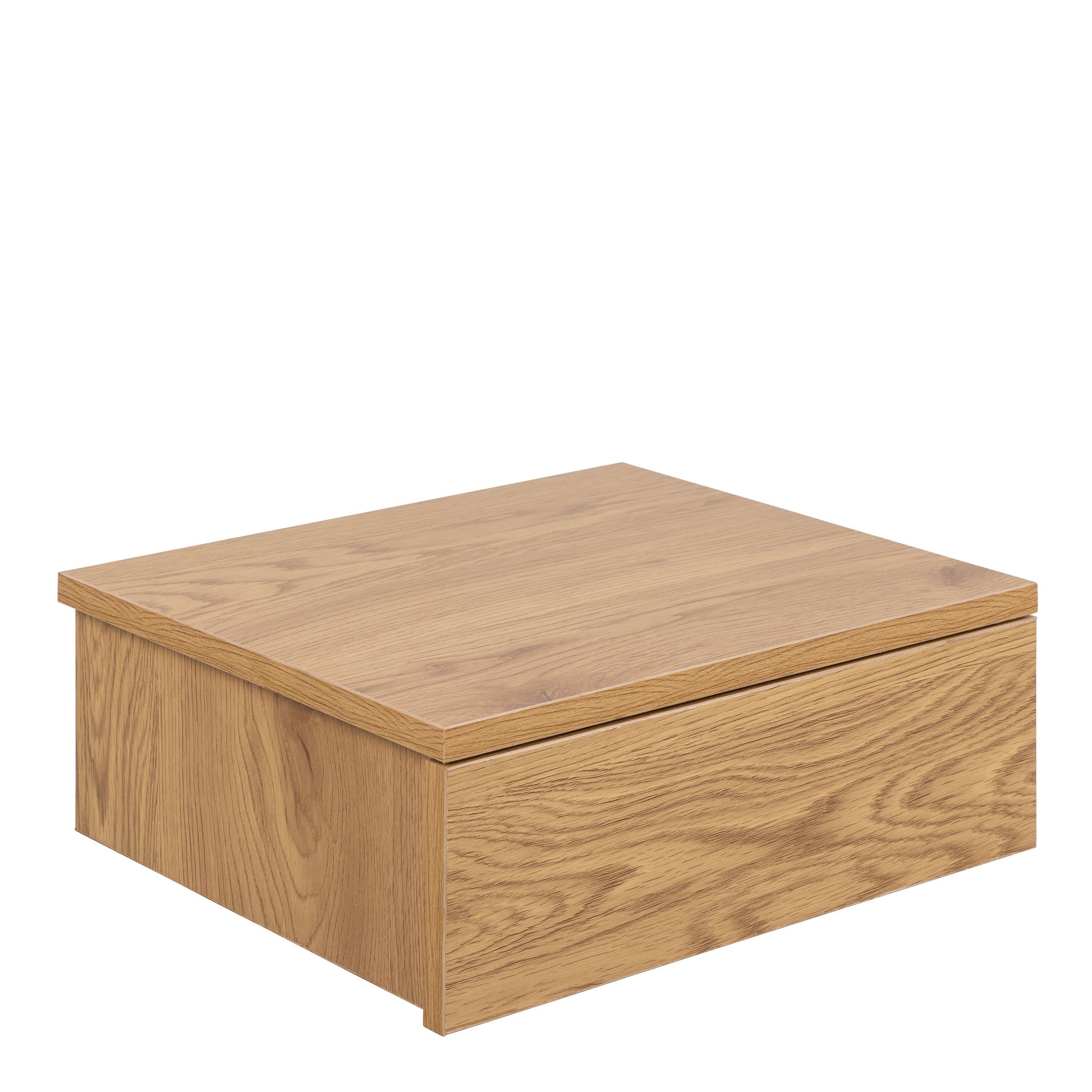 Square bedside table in oak finish featuring a smooth top and a single drawer with a minimalist design, ideal for indoor furniture arrangements.
