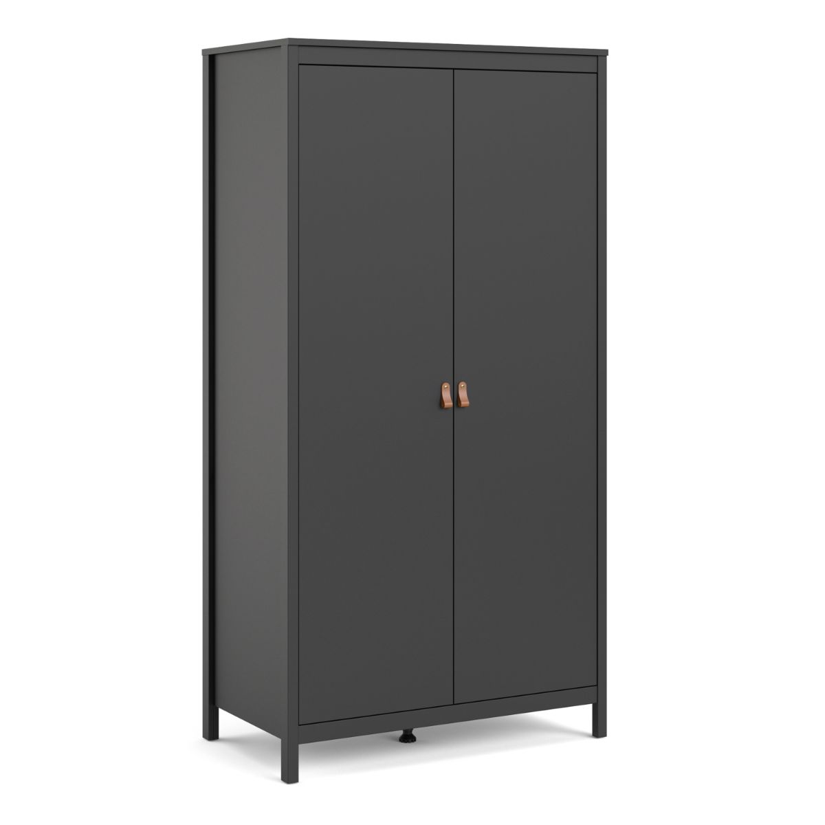 Stylish two-door wardrobe in a sleek dark gray finish, featuring minimalist design, copper-tone handles, and sturdy legs for a modern touch.