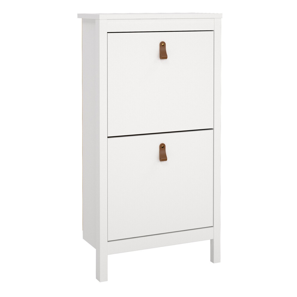 White shoe cabinet with two flap doors, featuring brown leather handles, a sleek design, and a sturdy frame, perfect for indoor storage.