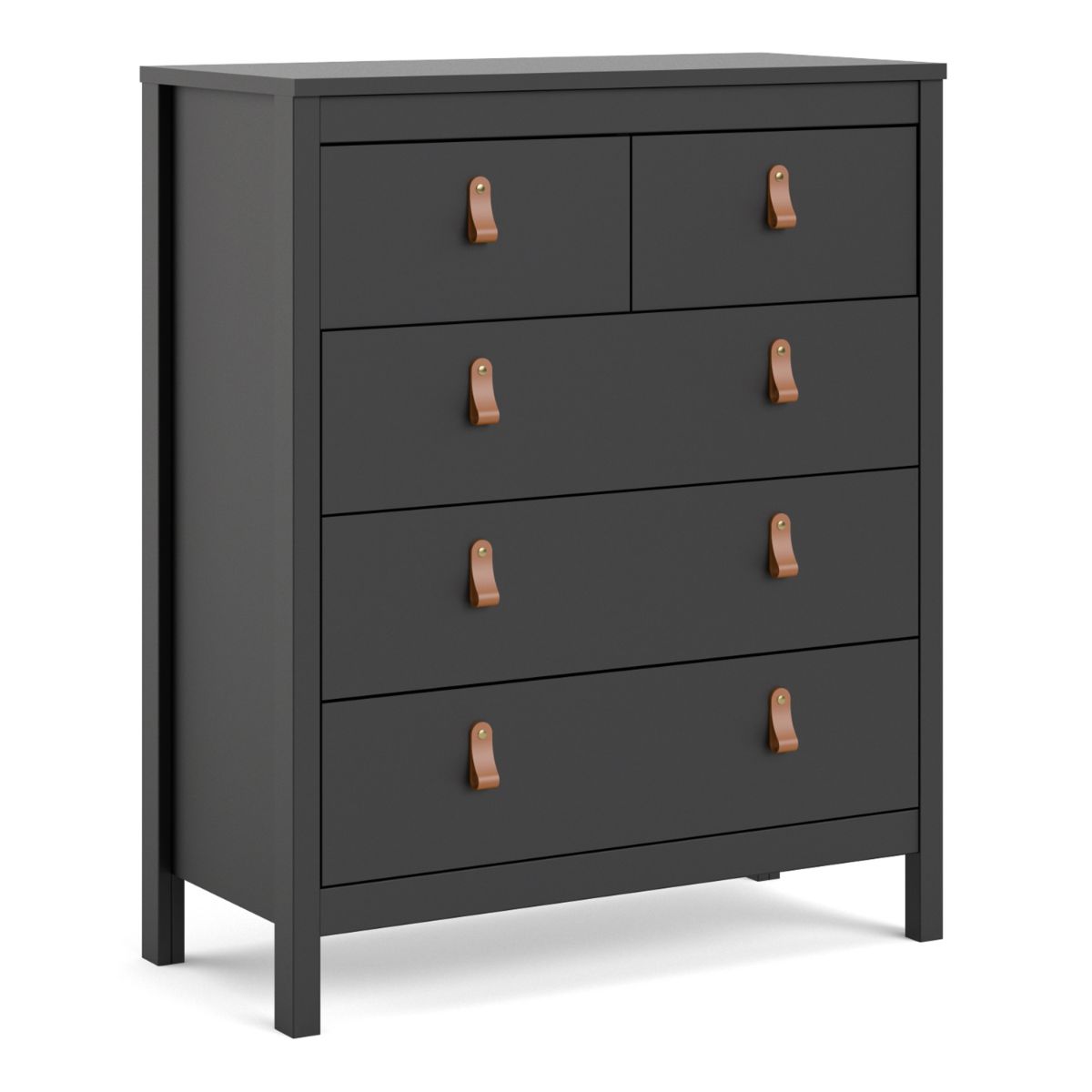 Matt black chest of drawers featuring three top drawers and two larger bottom drawers, accented with leather pull handles, designed for indoor use.