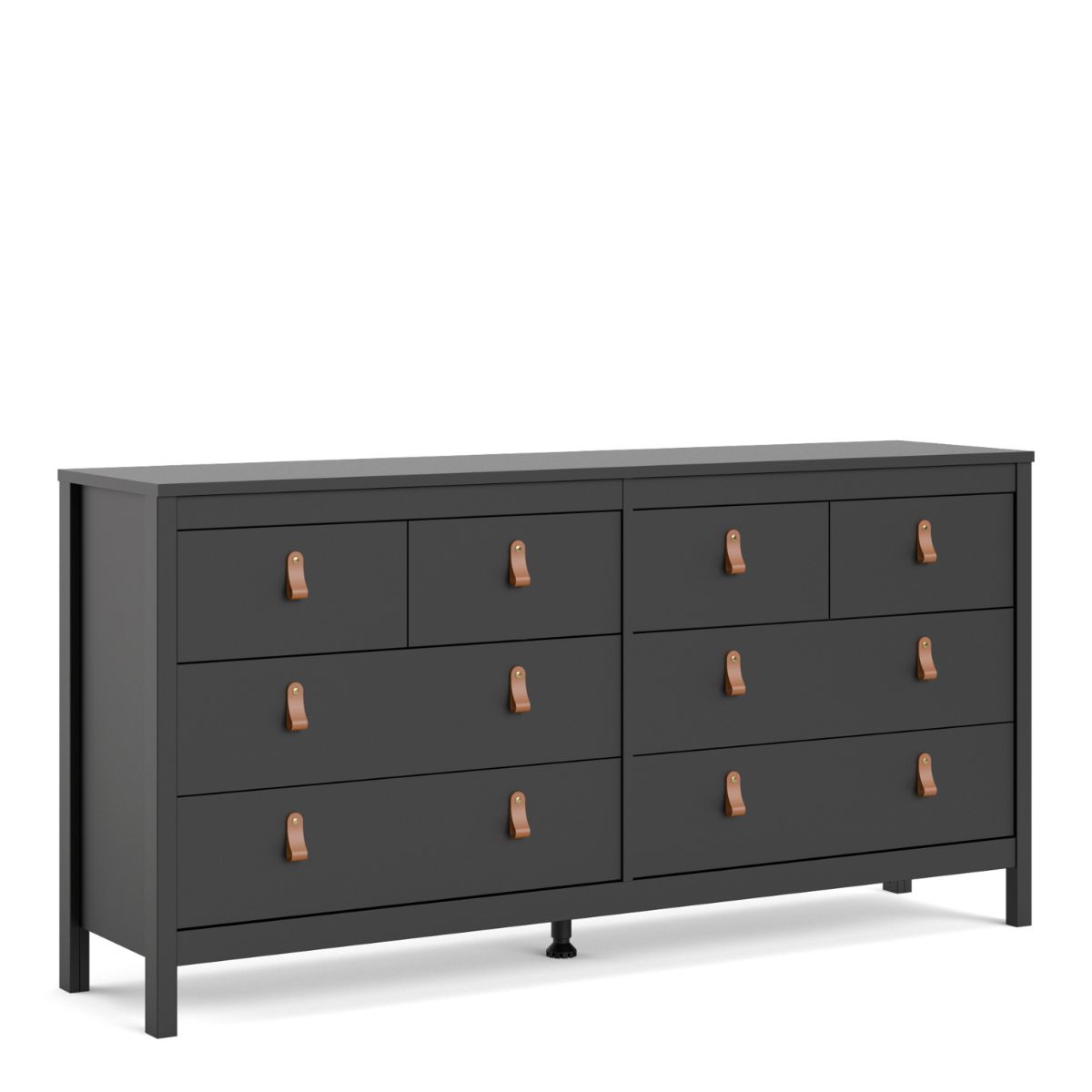 Barcelona Double Dresser in matte black with four large and four small drawers, featuring leather strap handles and a sleek, modern design.