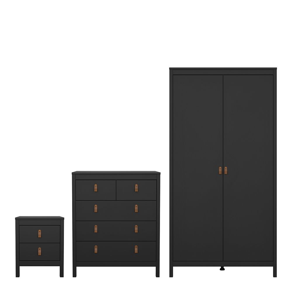 Three-piece Barcelona package in matte black, featuring a bedside table with two drawers, a chest of drawers with five drawers, and a tall wardrobe with two doors, accented by bronze handles.