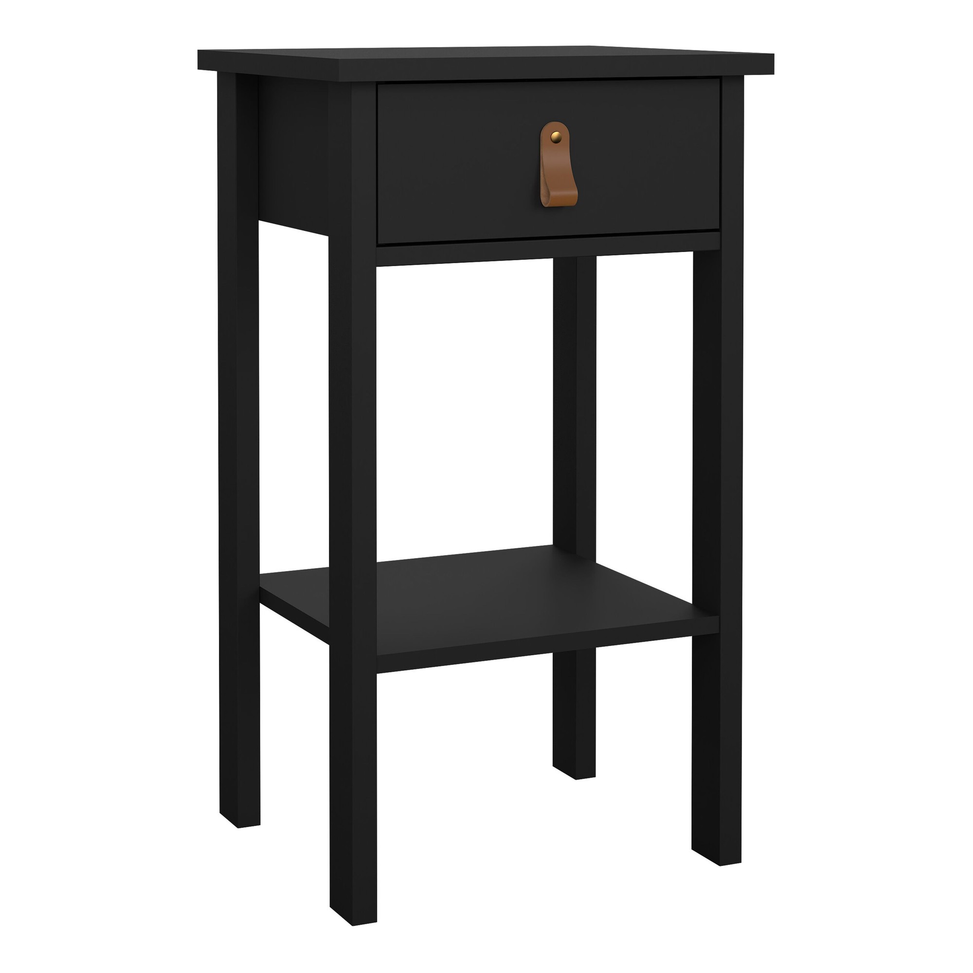 Matt black bedside table with one drawer featuring a brown leather handle and an open shelf below, supported by four straight legs.