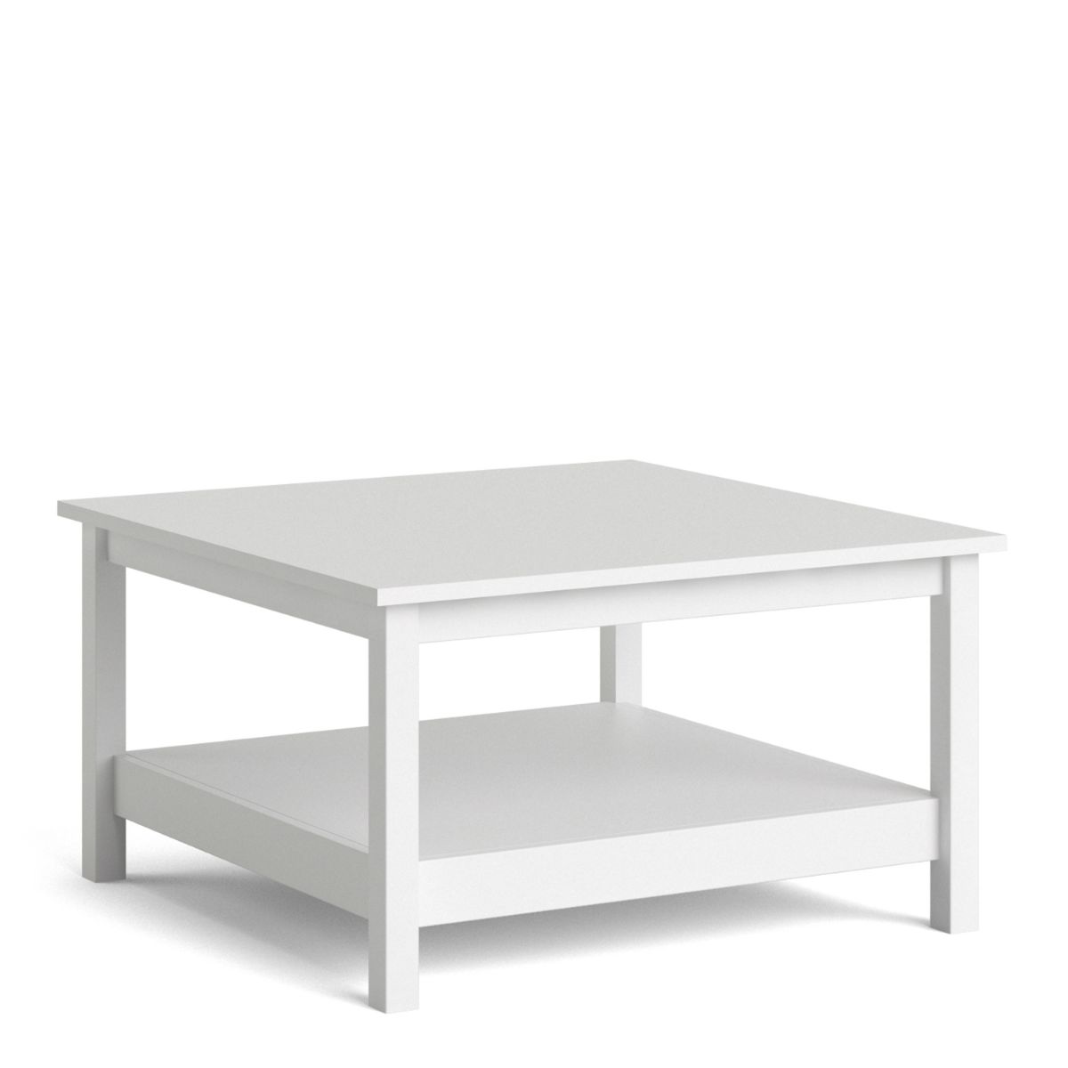 Square white coffee table with a smooth surface, featuring a lower shelf for storage, made from a sturdy material, ideal for modern living spaces.