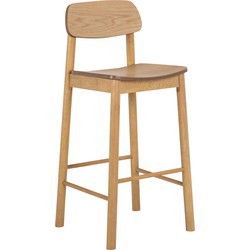Natural wood bar stool set of two, featuring a light oak finish, a curved backrest, and a seat height of 74cm, designed by Utzon for Furniture To Go.