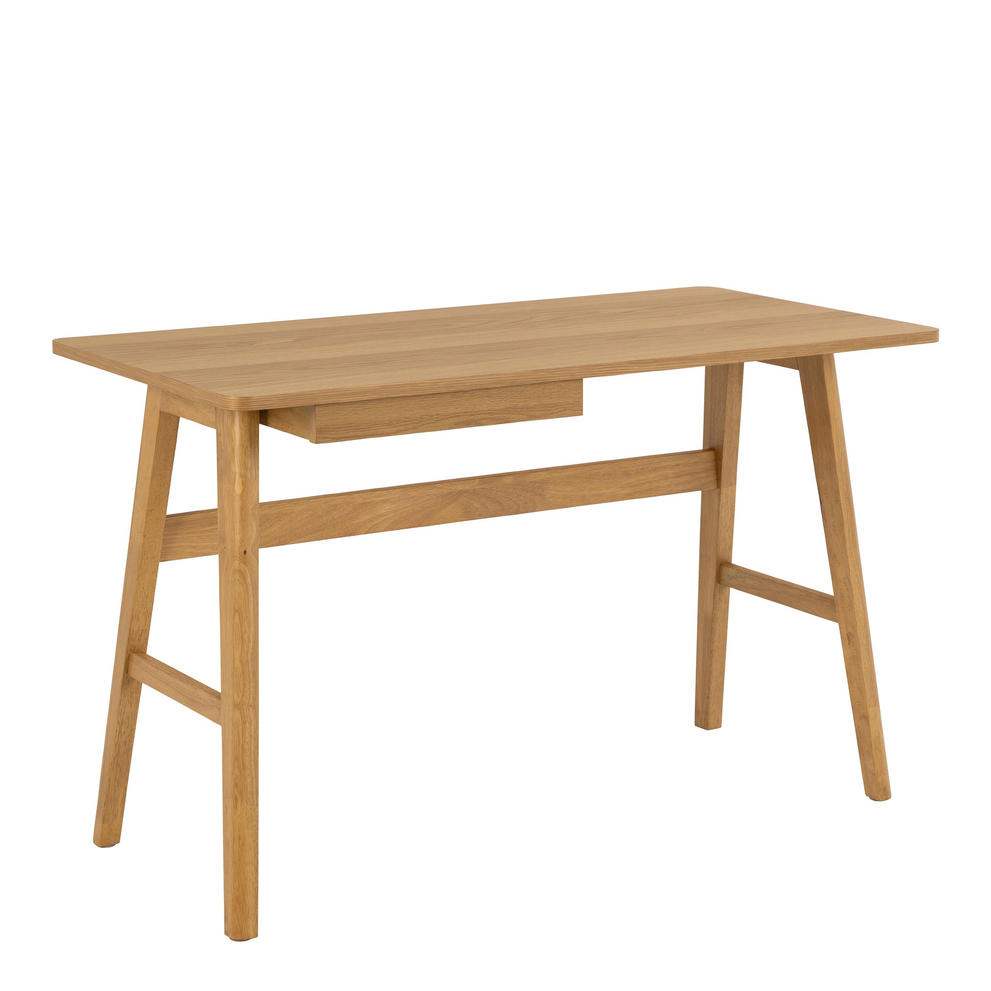 Oak office desk with a minimalist design, featuring a single drawer, sturdy angled legs, and a natural wood finish, perfect for modern indoor spaces.
