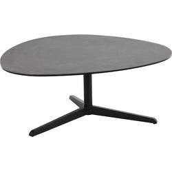 Black ceramic coffee table with a unique teardrop shape, featuring a sleek surface and a sturdy black metal tripod base.