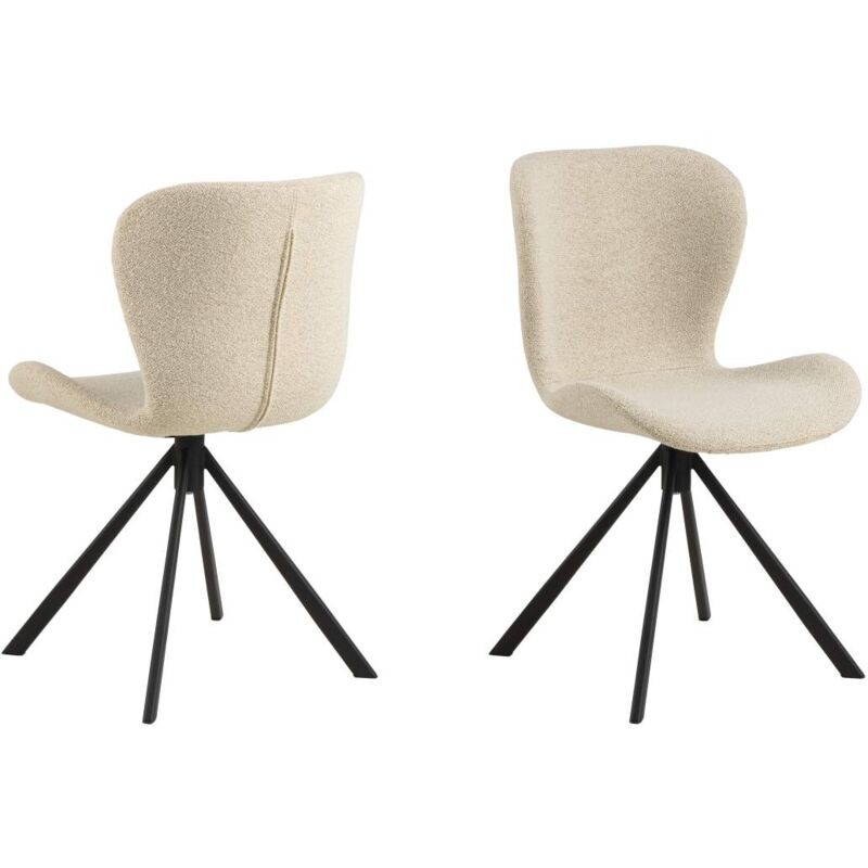 Set of 2 Batilda swivel dining chairs featuring cream fabric upholstery and a modern design with black metal legs, showcasing a curved back and comfortable seating.