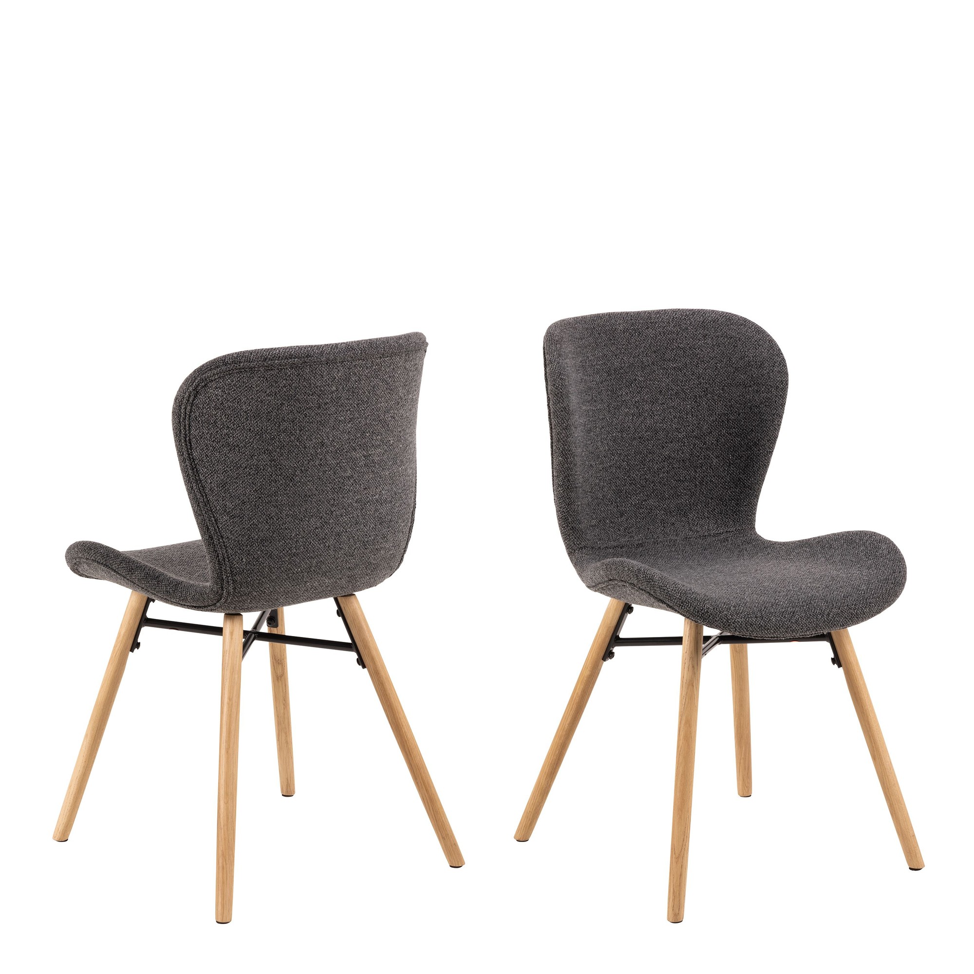 Set of two Batilda dining chairs featuring a sleek gray fabric upholstery and natural wood legs, showcasing a modern, minimalist design with curved backs for comfort.