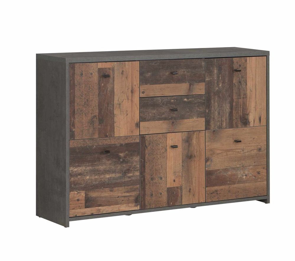 Stylish chest storage cabinet featuring a mix of wood finishes, two drawers, and five doors, with a modern gray frame and rustic wood accents.