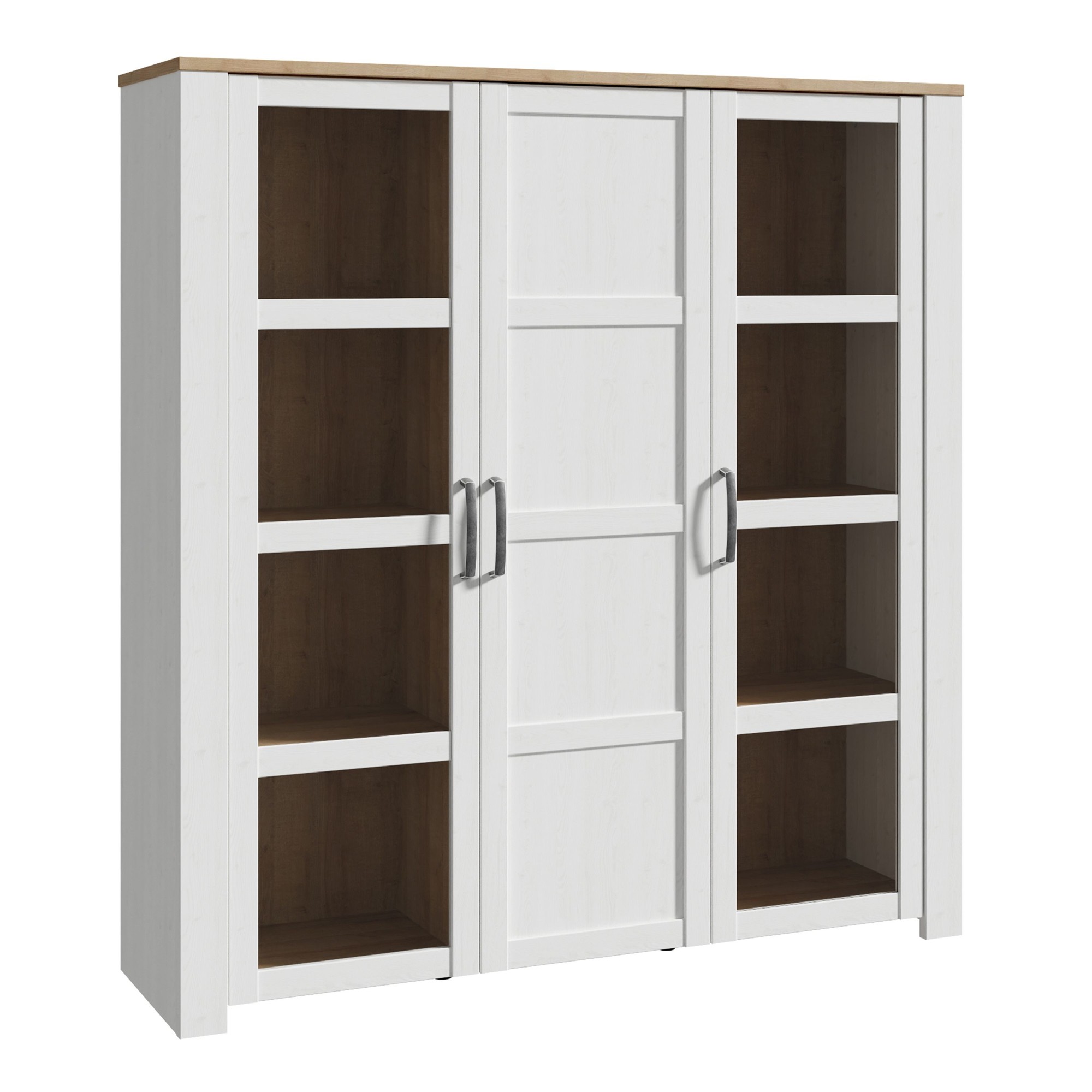 Bohol's Bohol Large Display Cabinet features a Riviera Oak top, white body, and two sliding doors with silver handles, showcasing multiple open shelves for storage.