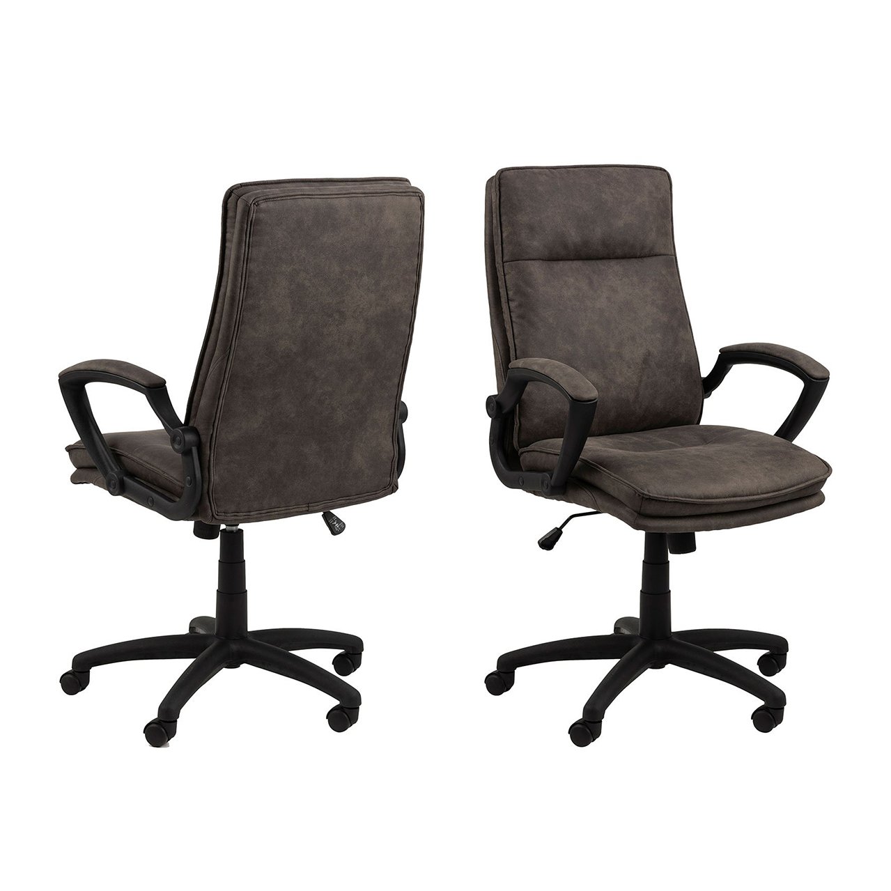 Black swivel desk chair with armrests, featuring a padded back and seat in a textured fabric, mounted on a five-point base with casters for mobility.