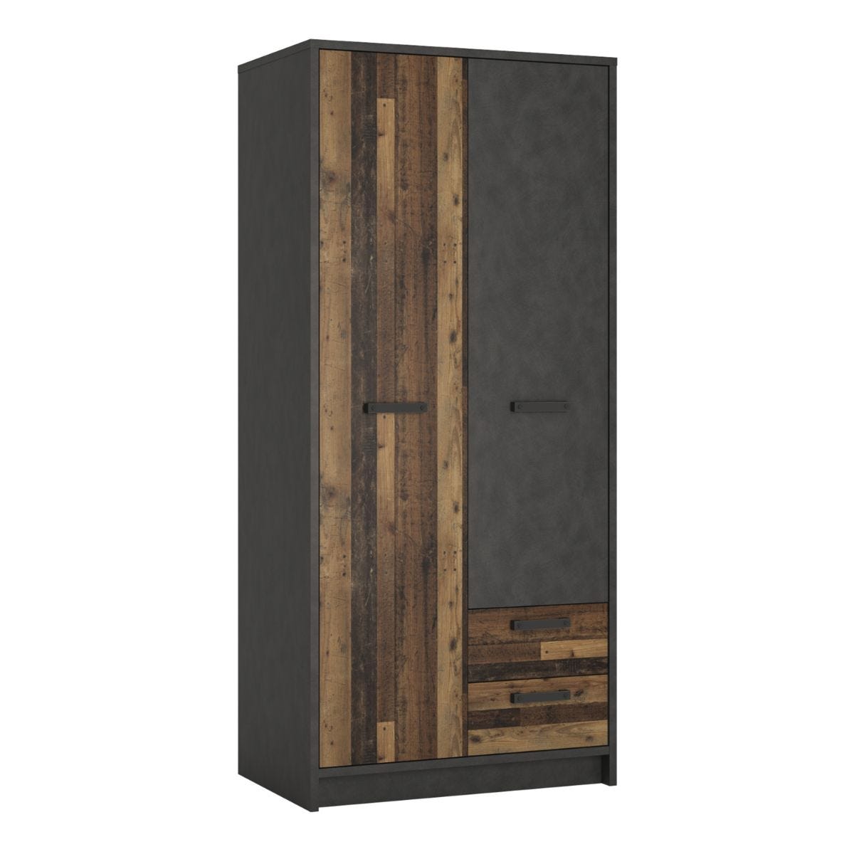 Tall wardrobe featuring a sleek black finish with natural wood accents, two drawers at the bottom, and a combination of smooth and textured surfaces for a modern look.
