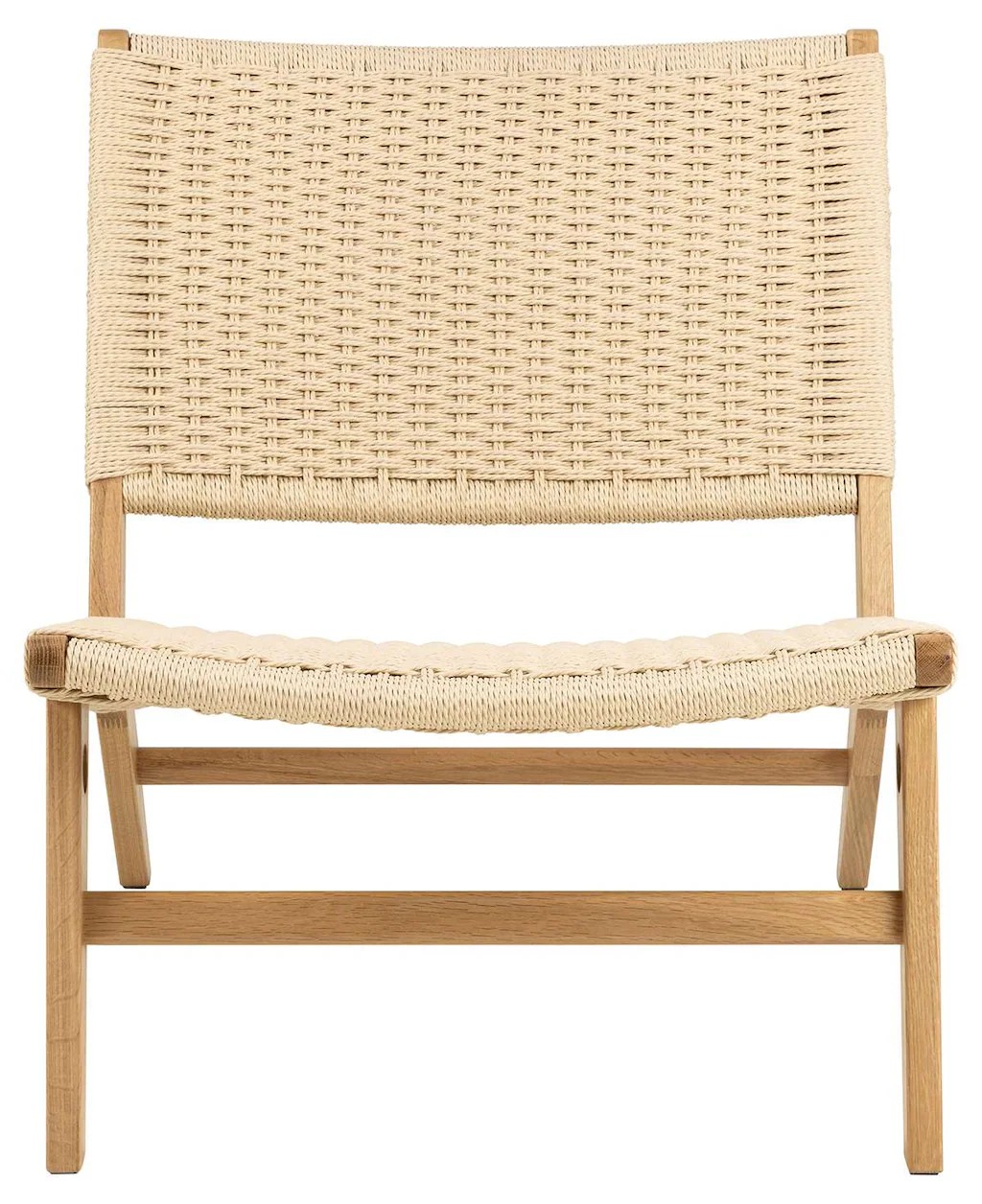 Off-white woven seat and backrest lounge chair with oak wood frame, featuring a minimalist design and natural textures, ideal for indoor spaces.