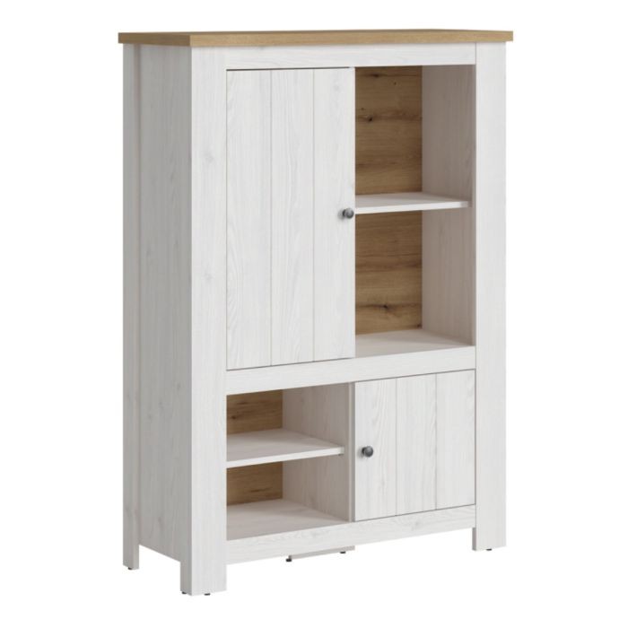 White and oak display cabinet featuring two doors, four shelves, and two integrated LED lights, showcasing a modern design with a natural wood top.