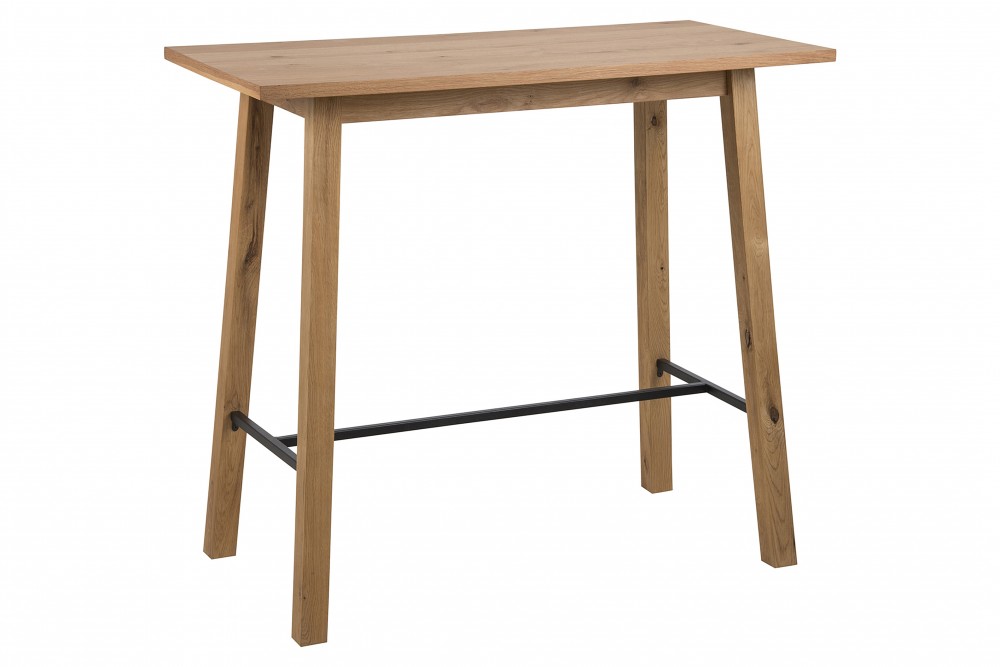 Chara Bar Table features a rectangular oak top in a warm brown finish, supported by four sturdy wooden legs and a black metal crossbar for added stability.