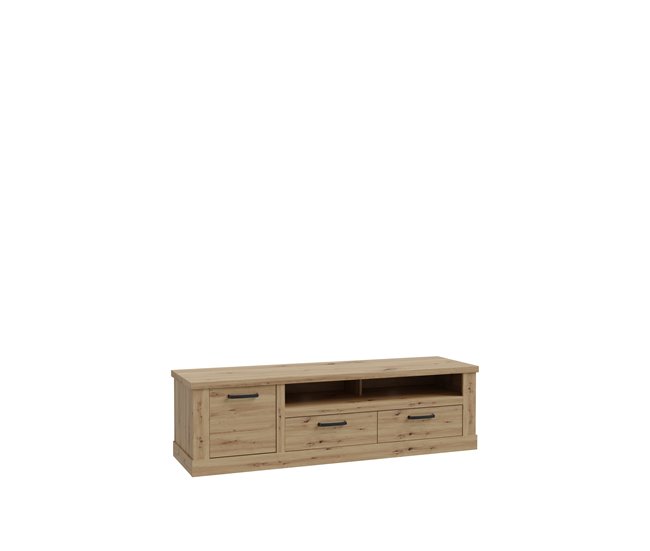 Corona coffee TV unit in artisan oak finish, featuring two drawers and one door, with a spacious top surface and sleek black handles for a modern touch.