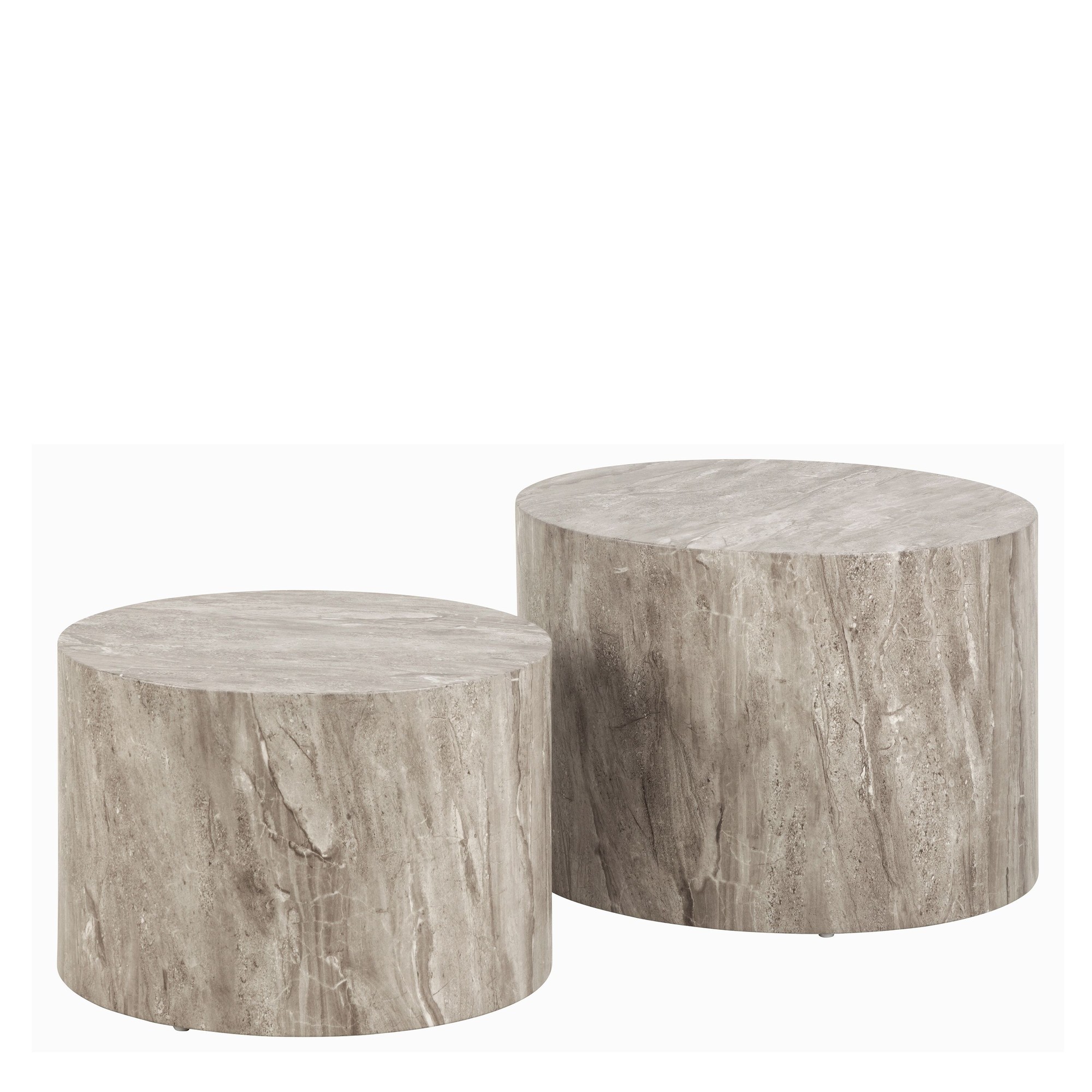 Grey marble round coffee table set featuring two tables with smooth surfaces and cylindrical bases, showcasing a modern and elegant design.