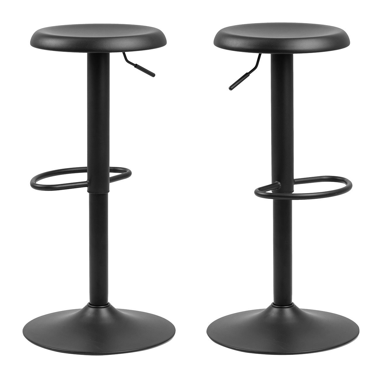 Two black bar stools without backs, featuring a round seat, adjustable height mechanism, and a circular footrest, all made of metal with a sleek, modern design.