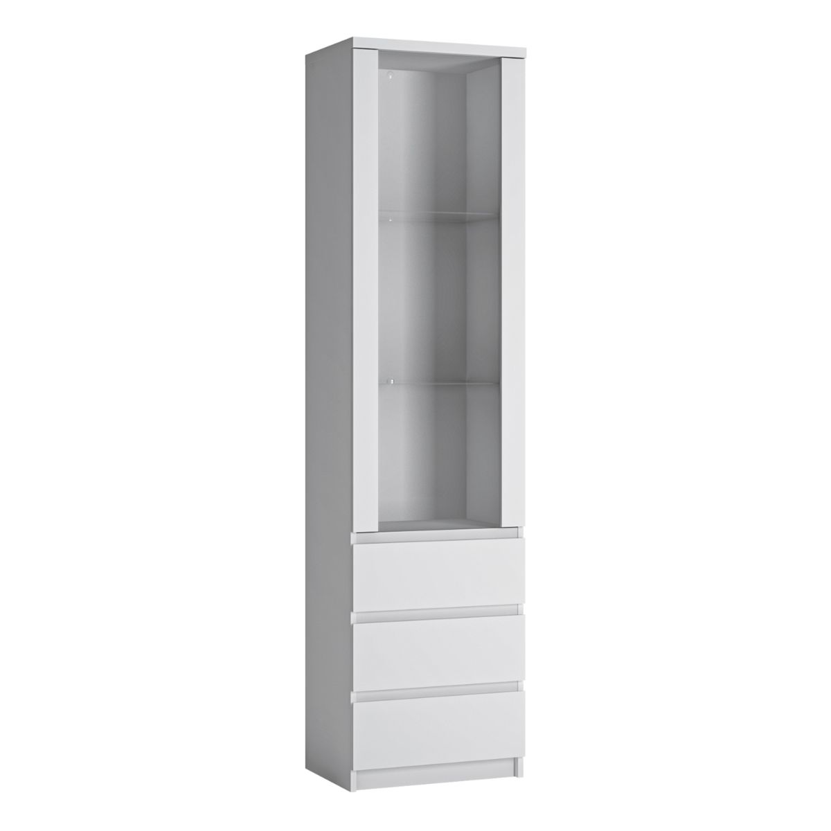 Tall, narrow white display cabinet with a glazed door, featuring three drawers at the bottom and two open shelves above for showcasing items.