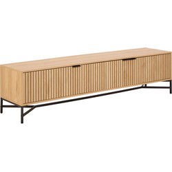 Jaipur TV unit in oak features three slatted doors, a sleek design, and a sturdy black metal base, measuring 176cm wide, perfect for modern living spaces.