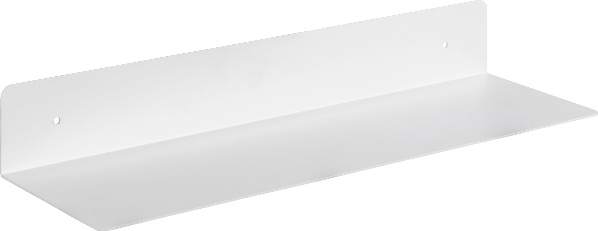 White rectangular wall shelf measuring 50cm, featuring a sleek, minimalist design with a smooth finish and two pre-drilled holes for easy mounting.