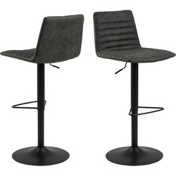 Stylish anthracite bar stools with a padded, ribbed seat and backrest, featuring a sleek black metal base and adjustable height mechanism.