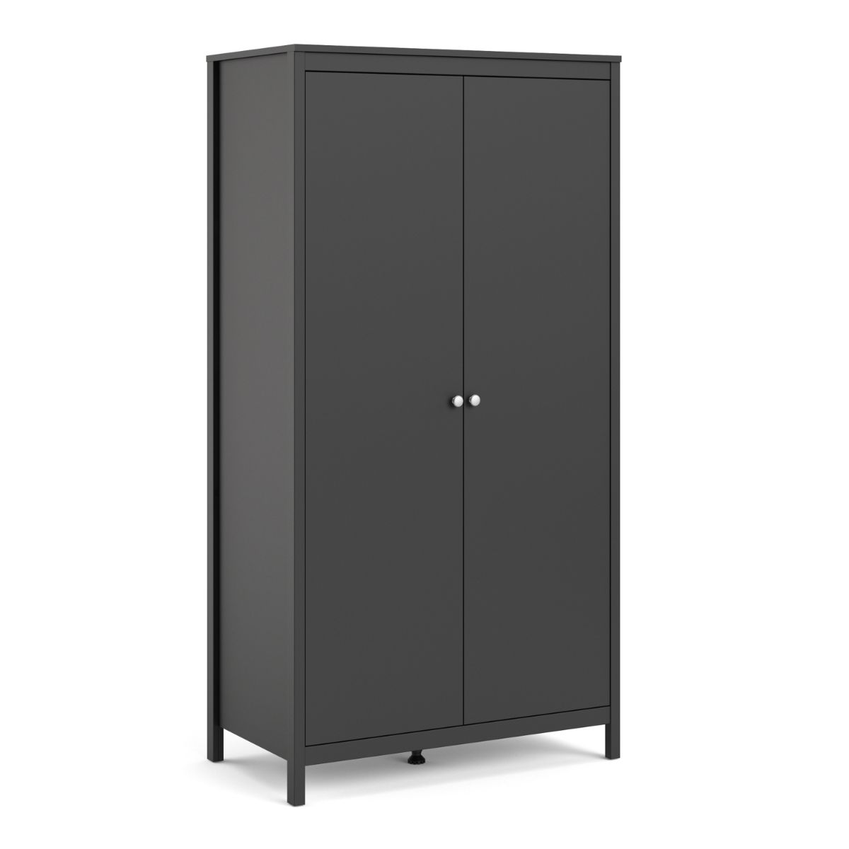 Stylish dark grey Madrid Wardrobe featuring a sleek design, two doors with round white knobs, and a minimalist frame on sturdy legs.