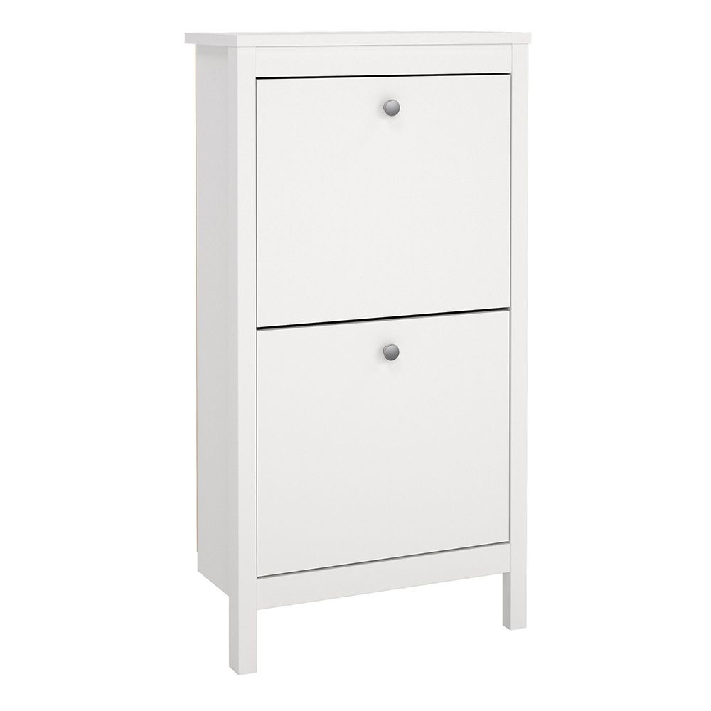 White shoe cabinet with two flap doors, featuring a sleek design and silver round knobs, supported by sturdy legs, perfect for indoor storage.