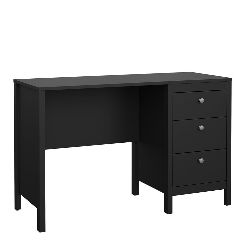 Black wooden desk featuring a sleek design with three drawers on the right side, each equipped with round silver knobs, perfect for a modern workspace.