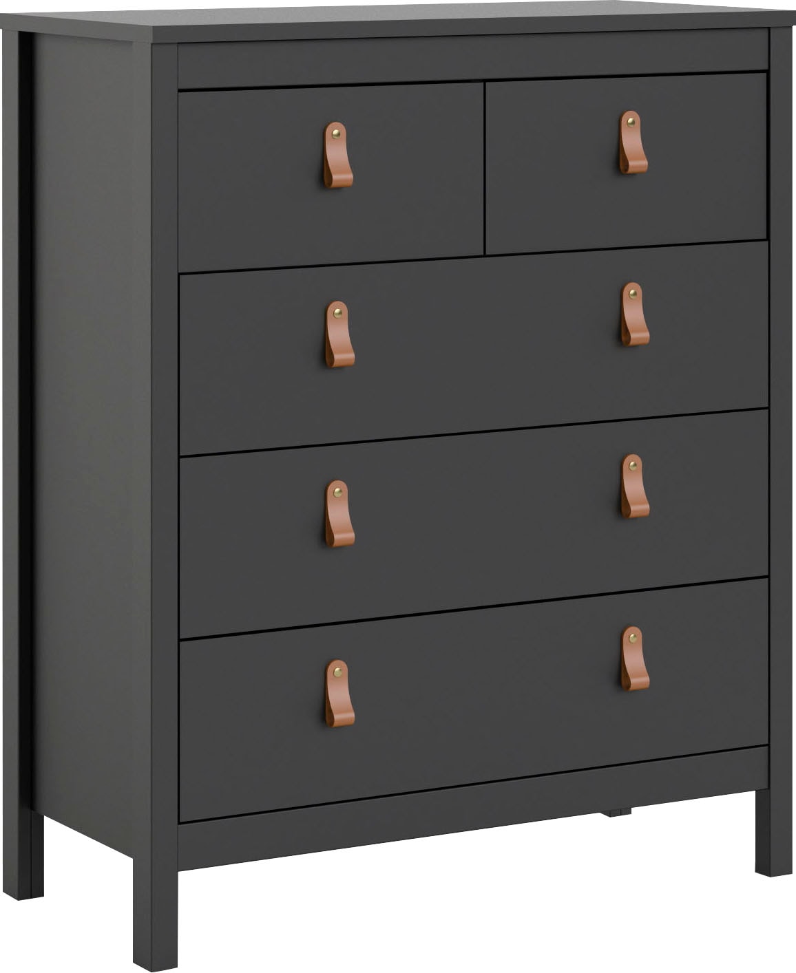 Matt black chest of drawers featuring three small and two large drawers, accented with tan leather handles, crafted from durable materials for a modern indoor aesthetic.