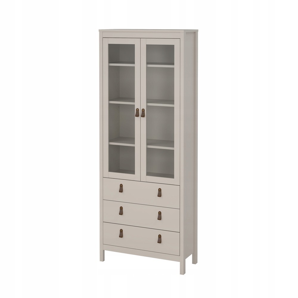 Madrid China Cabinet in cashmere finish features two glass doors, three drawers, and a sleek design, showcasing a modern aesthetic with bronze handles.