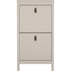 Cashmere-colored shoe cabinet with two flip-down doors, featuring a sleek design and stylish brown leather handles, perfect for organizing footwear.