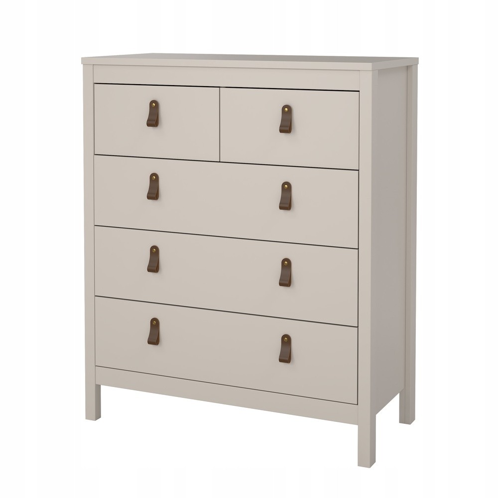 Madrid Chest with three small and two large drawers in a soft cashmere color, featuring leather pull handles and a sleek, modern design.