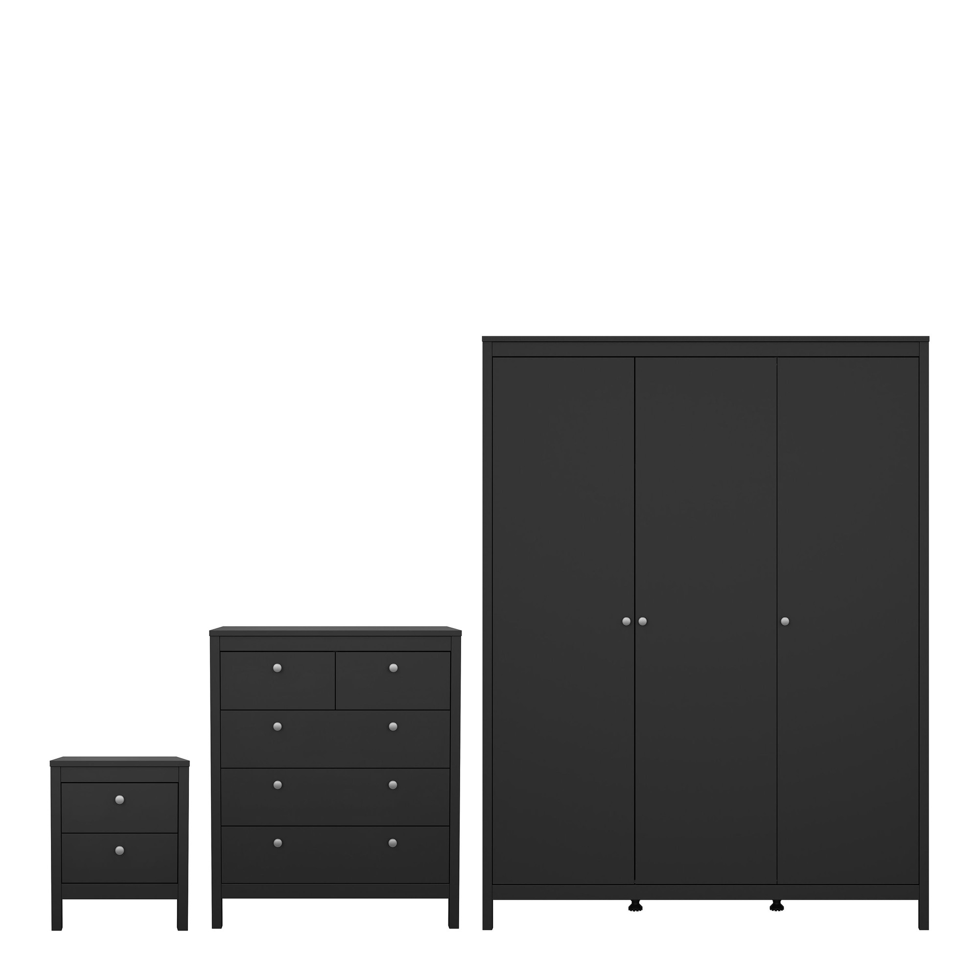 Three-piece furniture set in matte black, featuring a bedside table, a six-drawer chest, and a three-door wardrobe, all with sleek lines and silver knobs.