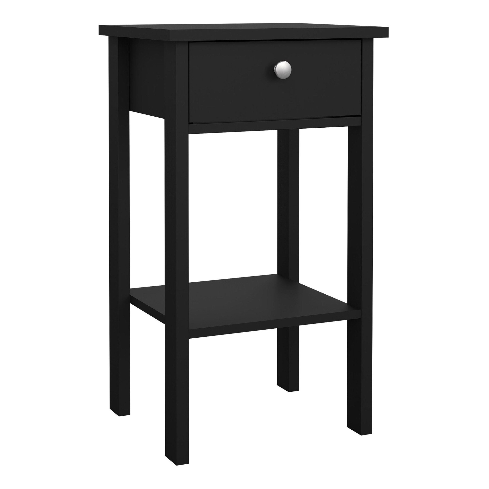 Matt black bedside table with one drawer and a silver knob, featuring a lower shelf and sturdy legs, designed for indoor use by Furniture To Go.