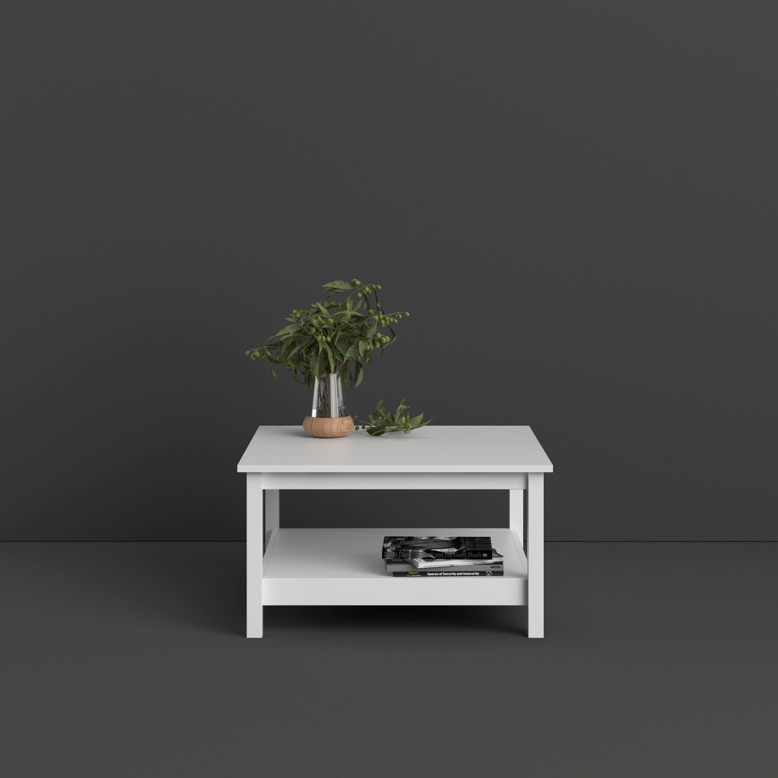 White wooden coffee table with a smooth surface, featuring a lower shelf for storage, adorned with a small potted plant and a stack of magazines.