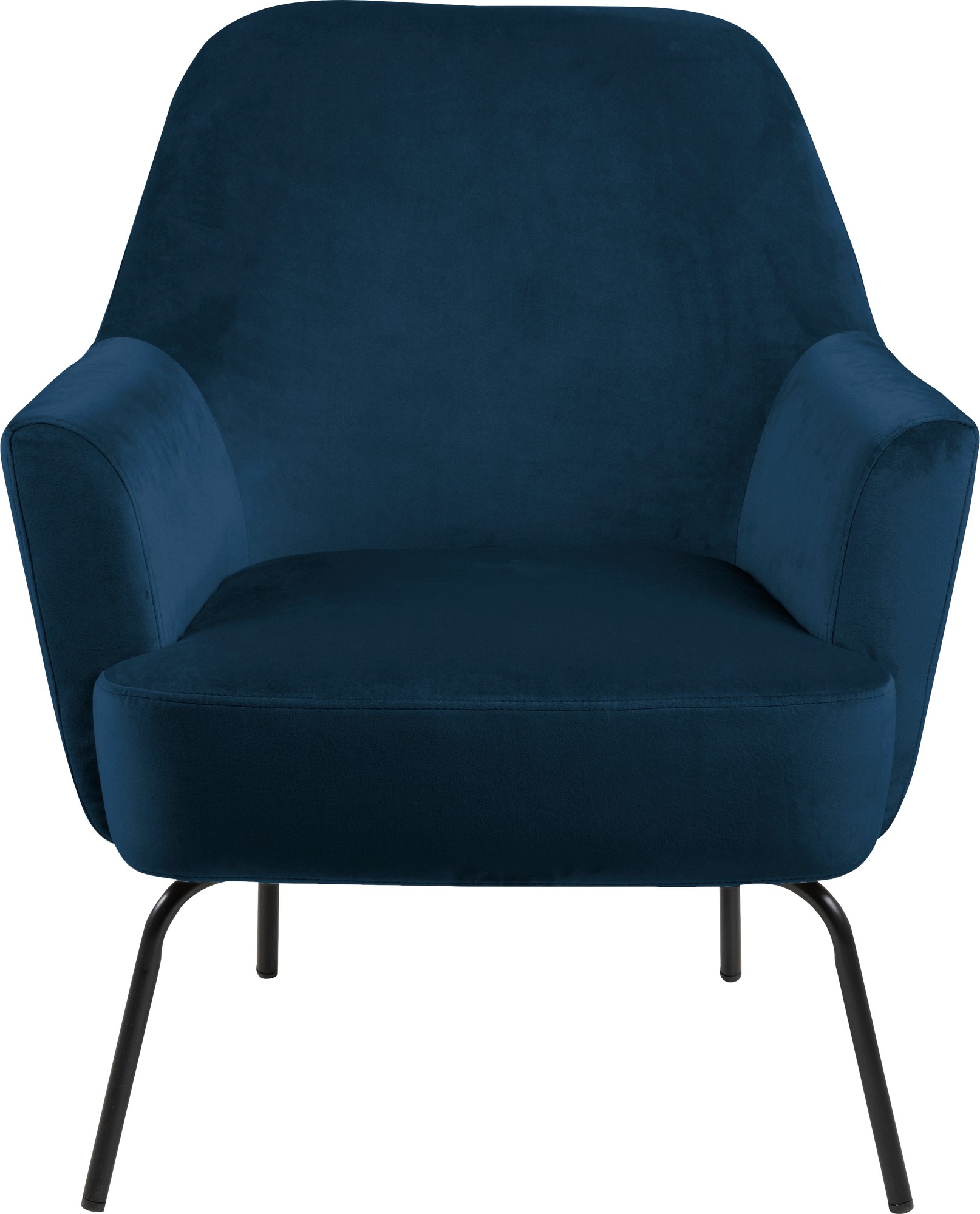 Navy blue lounge chair with a plush velvet finish, featuring a curved backrest, wide armrests, and sleek black metal legs.