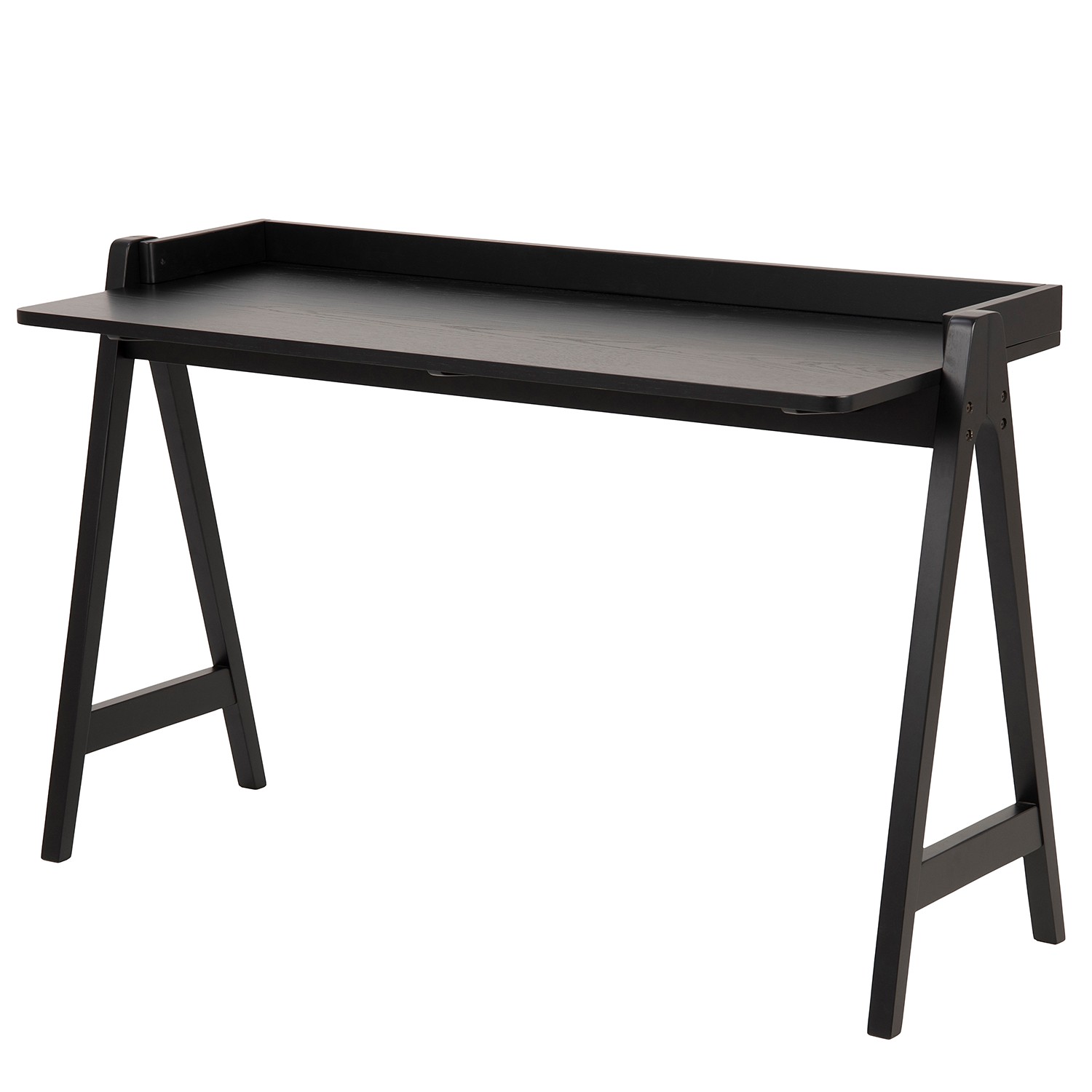 Black Miso office desk with a minimalist design, featuring a smooth tabletop and sturdy angled legs, made from wood with a sleek finish.
