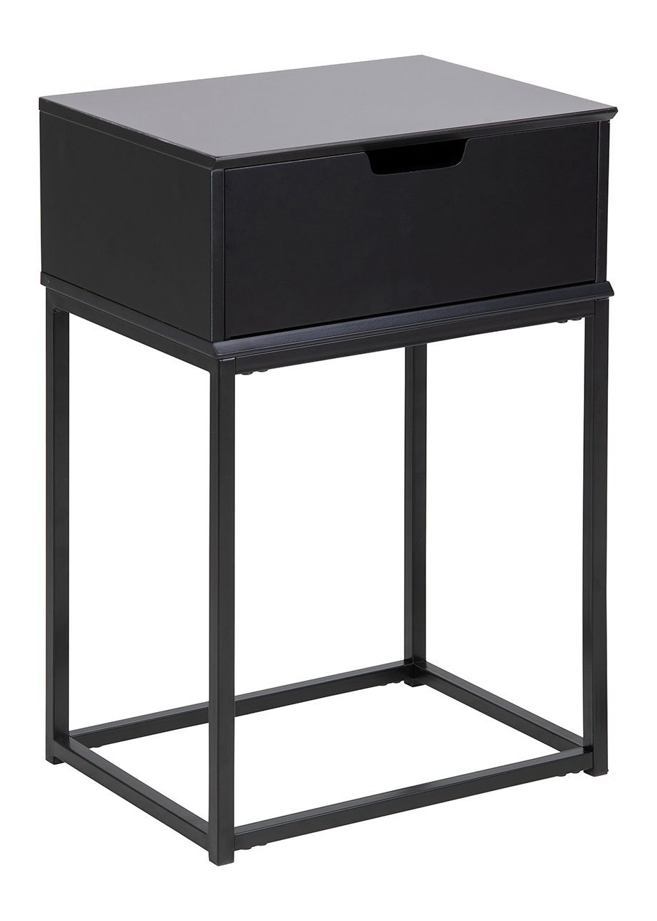 Black bedside table featuring a single drawer, sleek design with a metal frame and a minimalist style, perfect for indoor use.