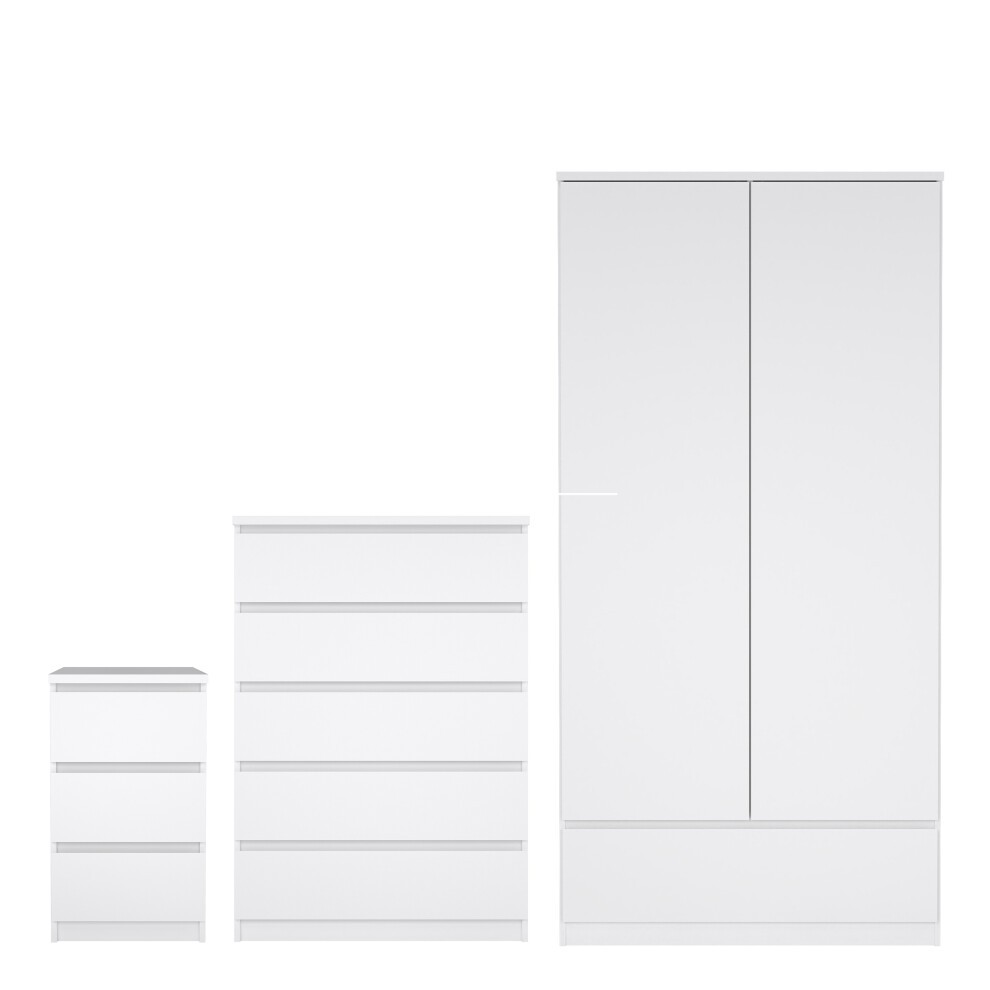 White high gloss furniture set featuring a bedside table with 3 drawers, a chest of 5 drawers, and a wardrobe with 2 doors and 1 drawer, all with sleek, modern design.