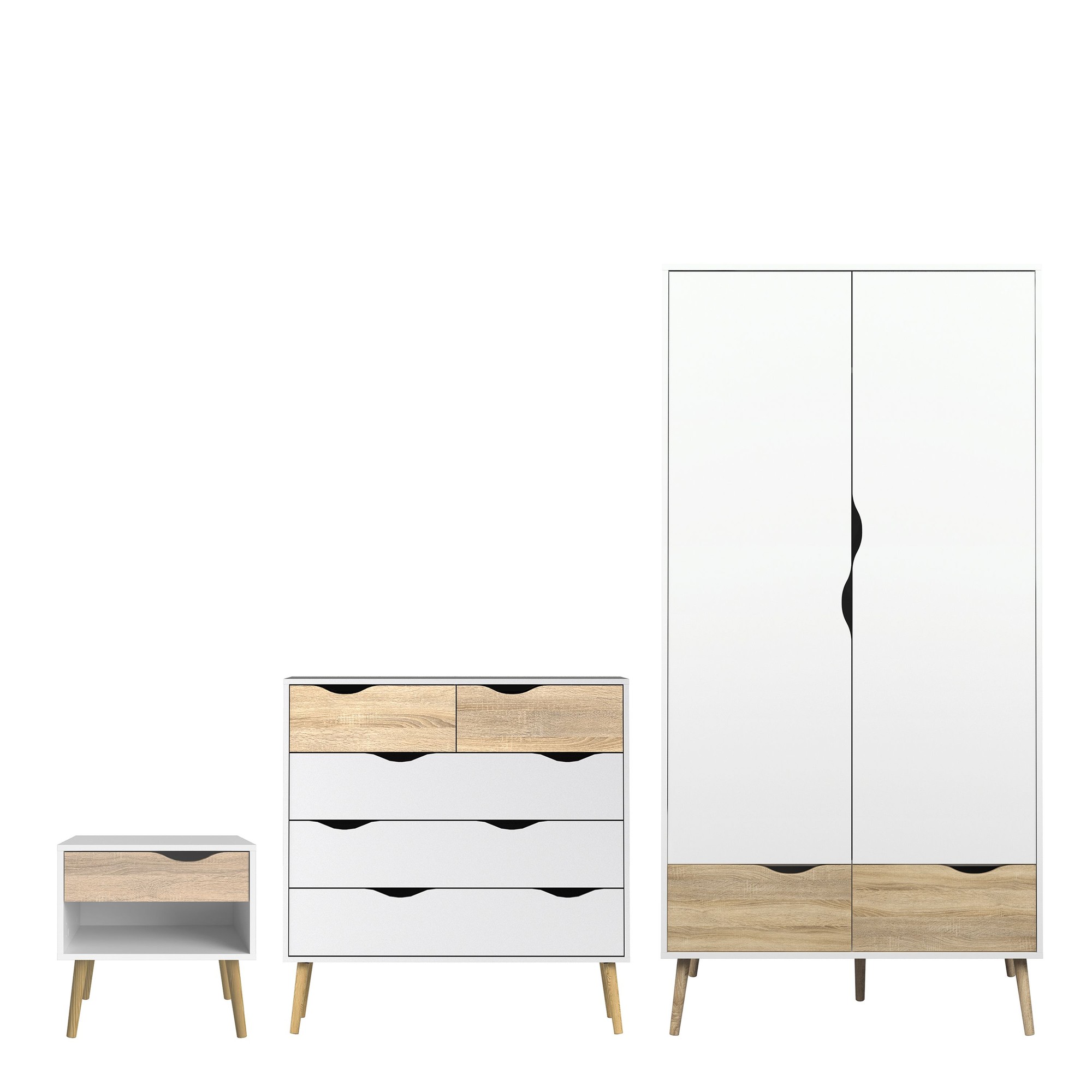 White and oak furniture set featuring a bedside table with one drawer, a chest with five drawers, and a two-door wardrobe with two drawers, all on wooden legs.