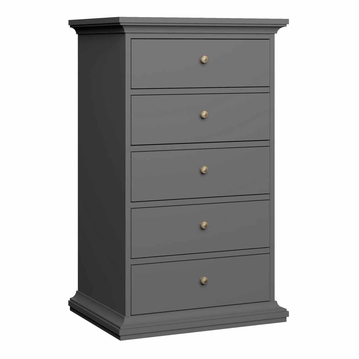 Stylish grey wooden chest of drawers featuring five spacious drawers with elegant brass knobs and a classic top molding design.