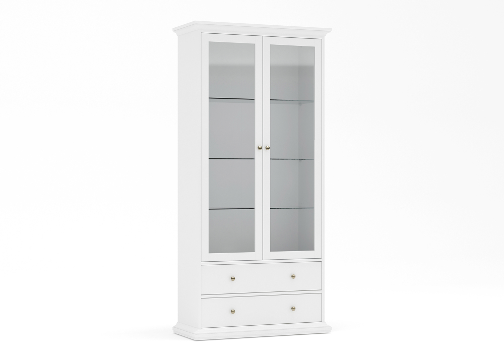 Tall white china cabinet with glass doors, featuring two shelves inside, and two drawers at the bottom, all with elegant gold knobs.