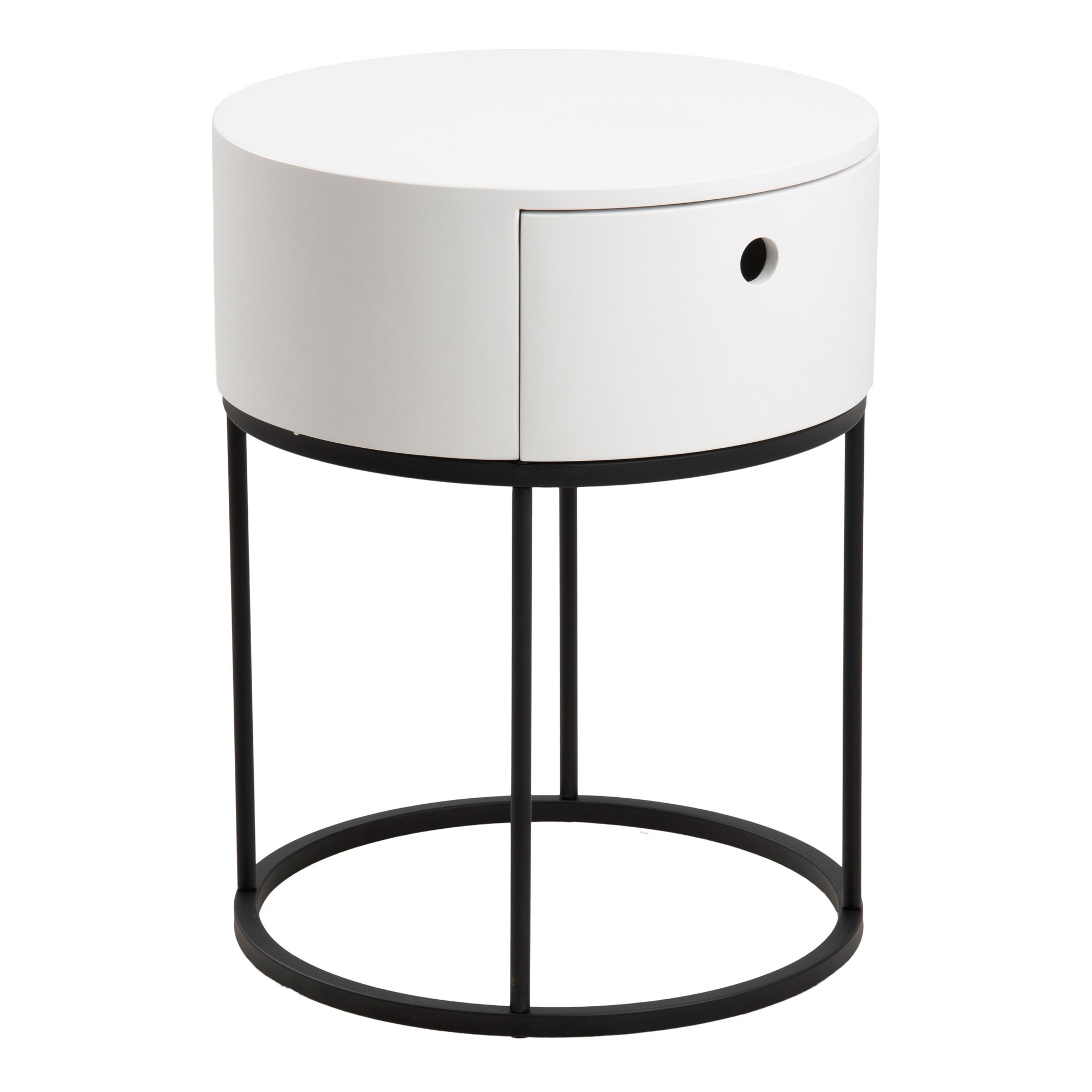 Round bedside table featuring a white circular top and drawer with a black metal frame and base, offering a modern and minimalist design.