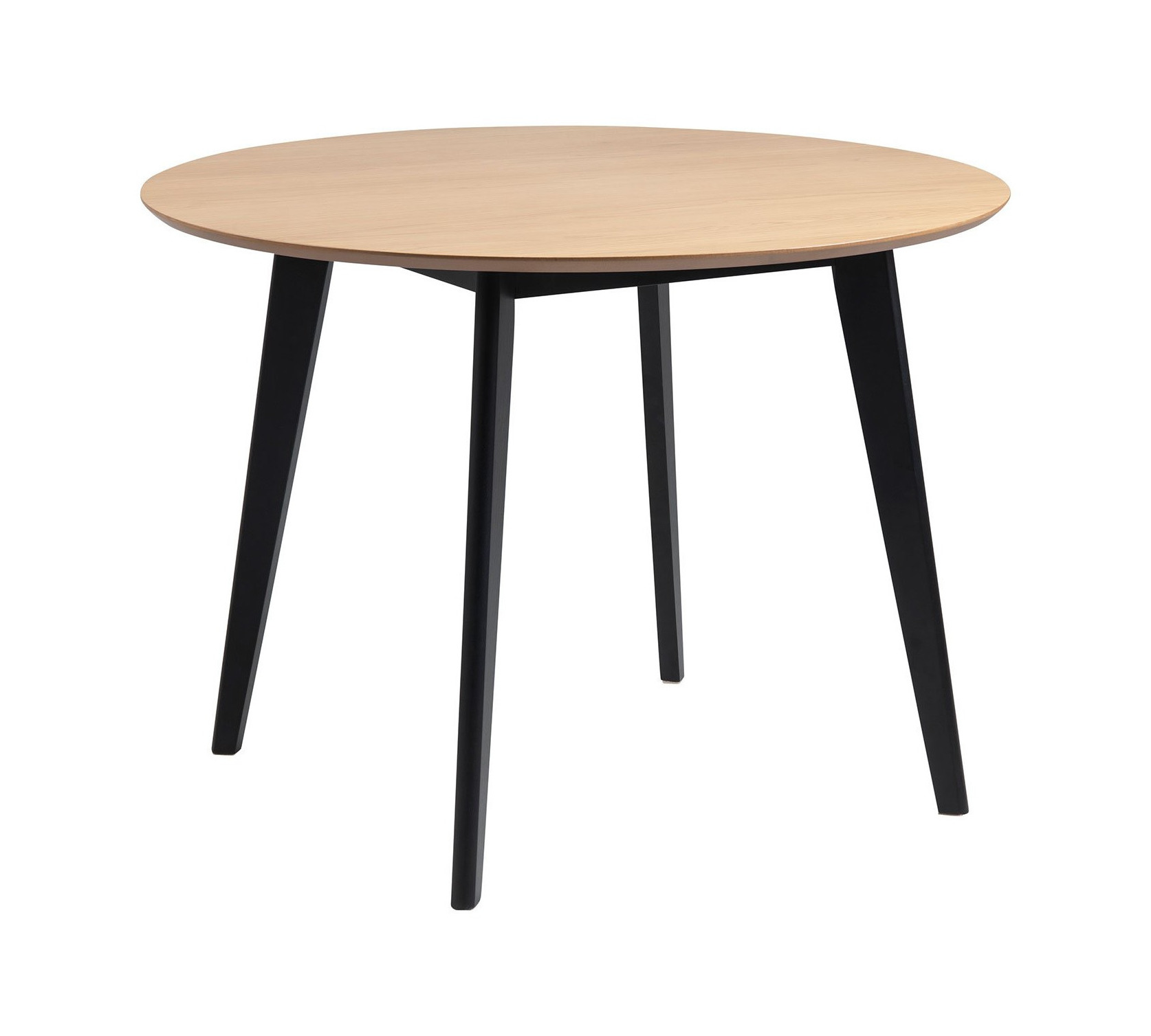Round dining table featuring an oak top and sleek black legs, showcasing a modern design suitable for indoor settings.