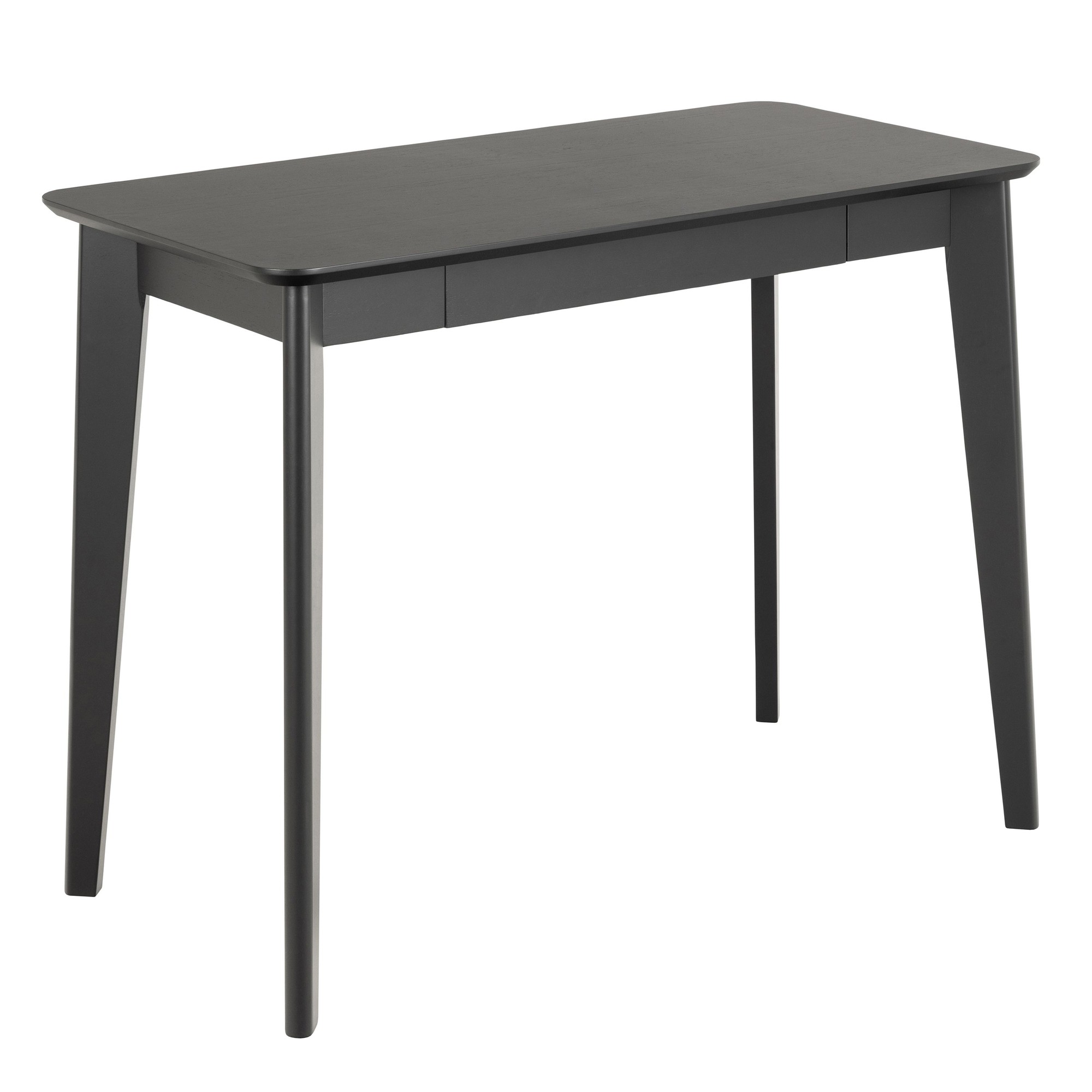 Black wooden office desk with a smooth surface, featuring tapered legs and a single drawer for storage, designed for indoor use by Furniture To Go.