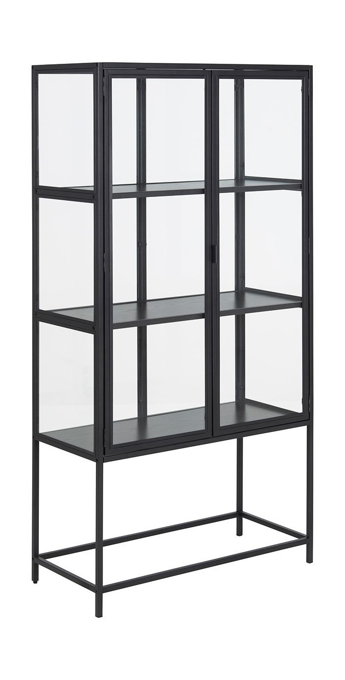 Black metal display cabinet with two glass doors, featuring three shelves and a minimalist design, ideal for showcasing collectibles or decor.