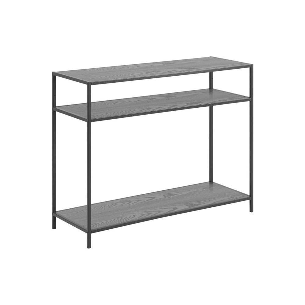Seaford console table featuring a sleek black metal frame with two oak shelves, offering a modern and minimalist design suitable for indoor use.